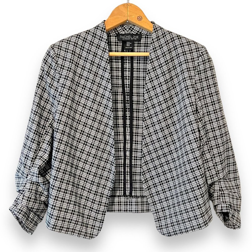 Rachel Zoe Cropped Ruched 3/4 Sleeve Open Blazer Jacket XS Black White Plaid Pat